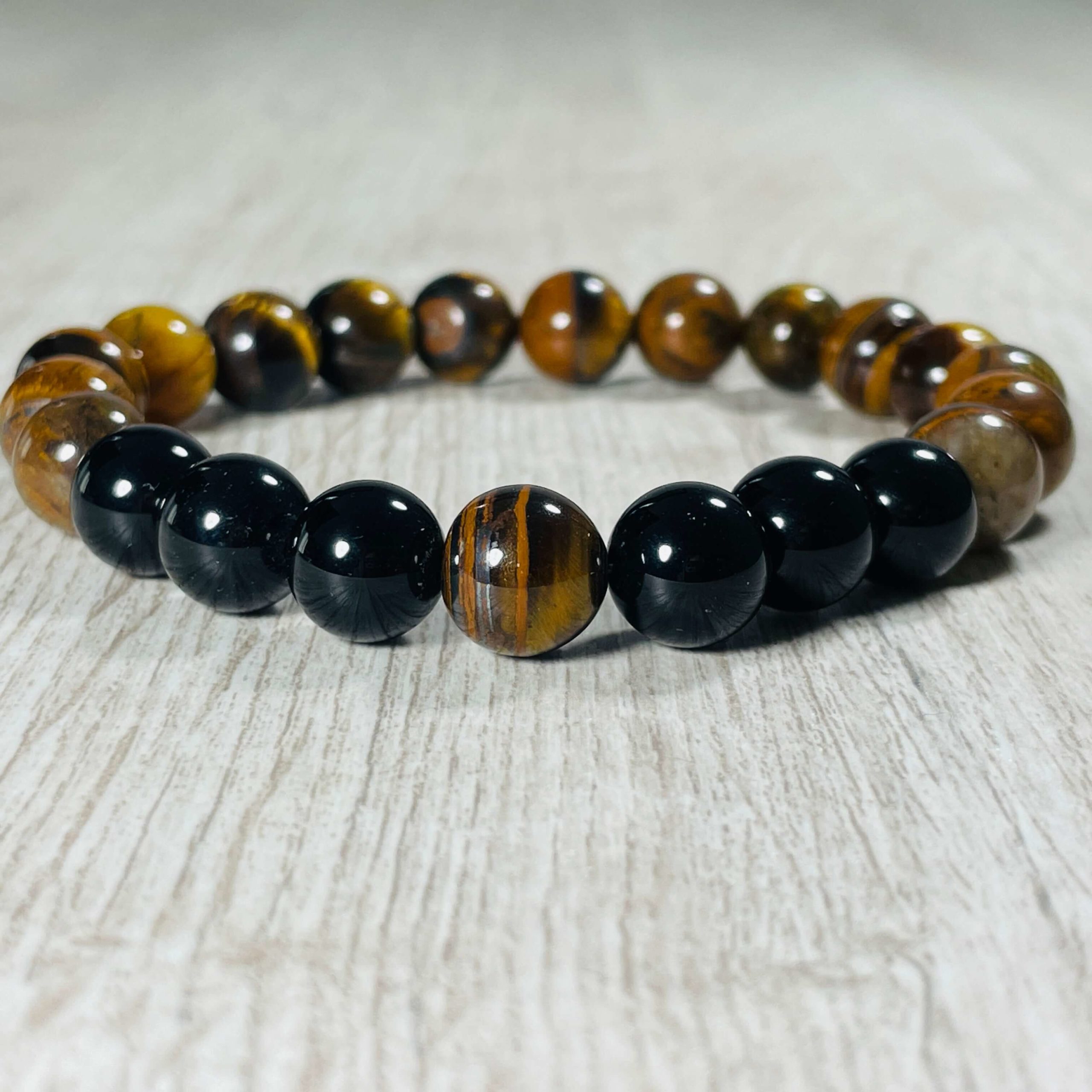 Bracelet Homme En Pierres Naturelles Tourmaline Noire Et Œil De Tigre - Cordon Nylon Réglable - Fait Main - Idée Cadeau